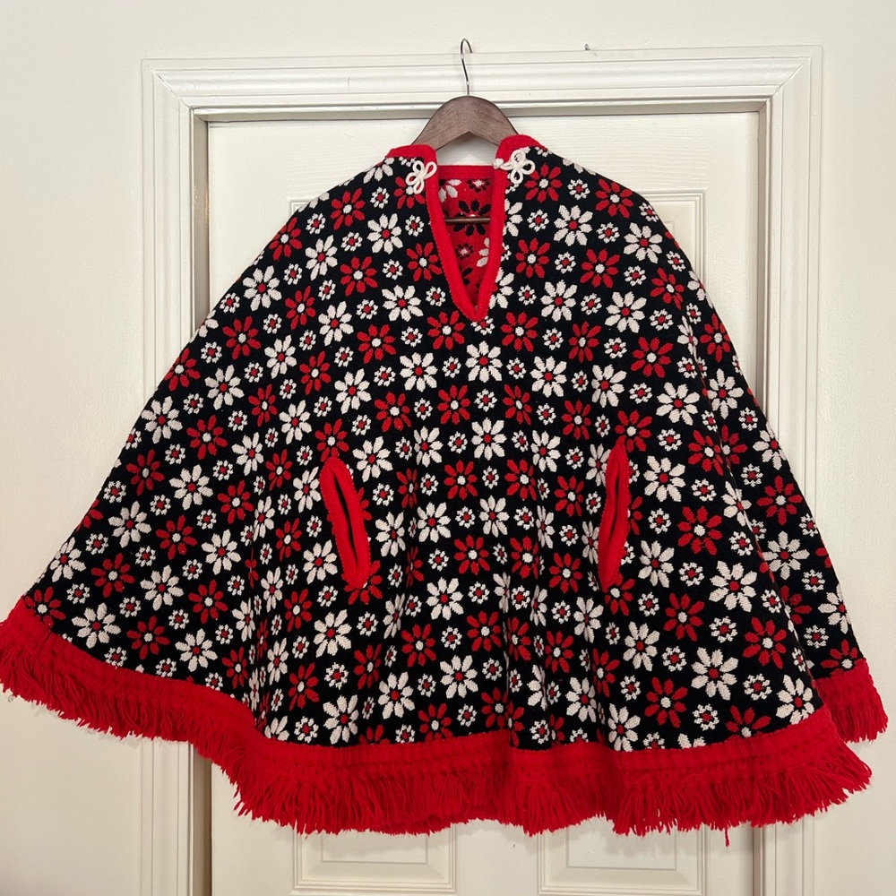 Black, Red & White Floral Fringe Poncho
